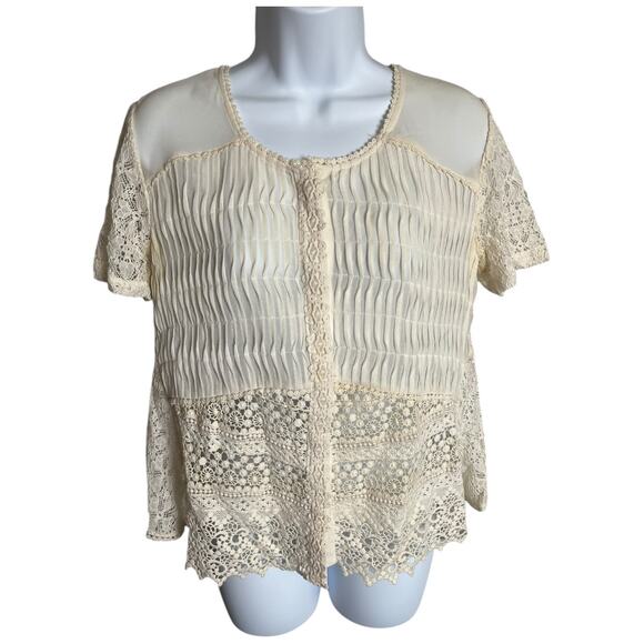 Let Me Be antique white sheer crochet lace beaded textured button shirt small - Picture 1 of 7